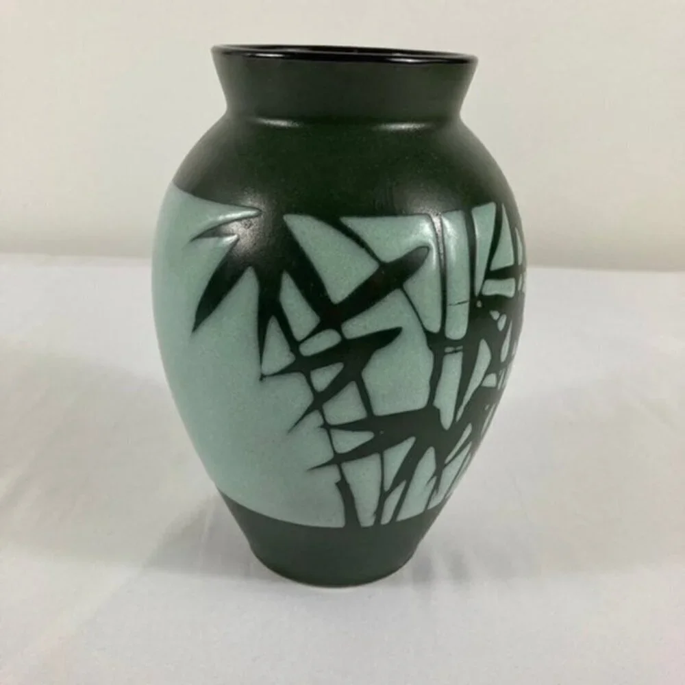 Vintage Japanese Ceramic Vase Bamboo Leaves Raised‎ Glaze